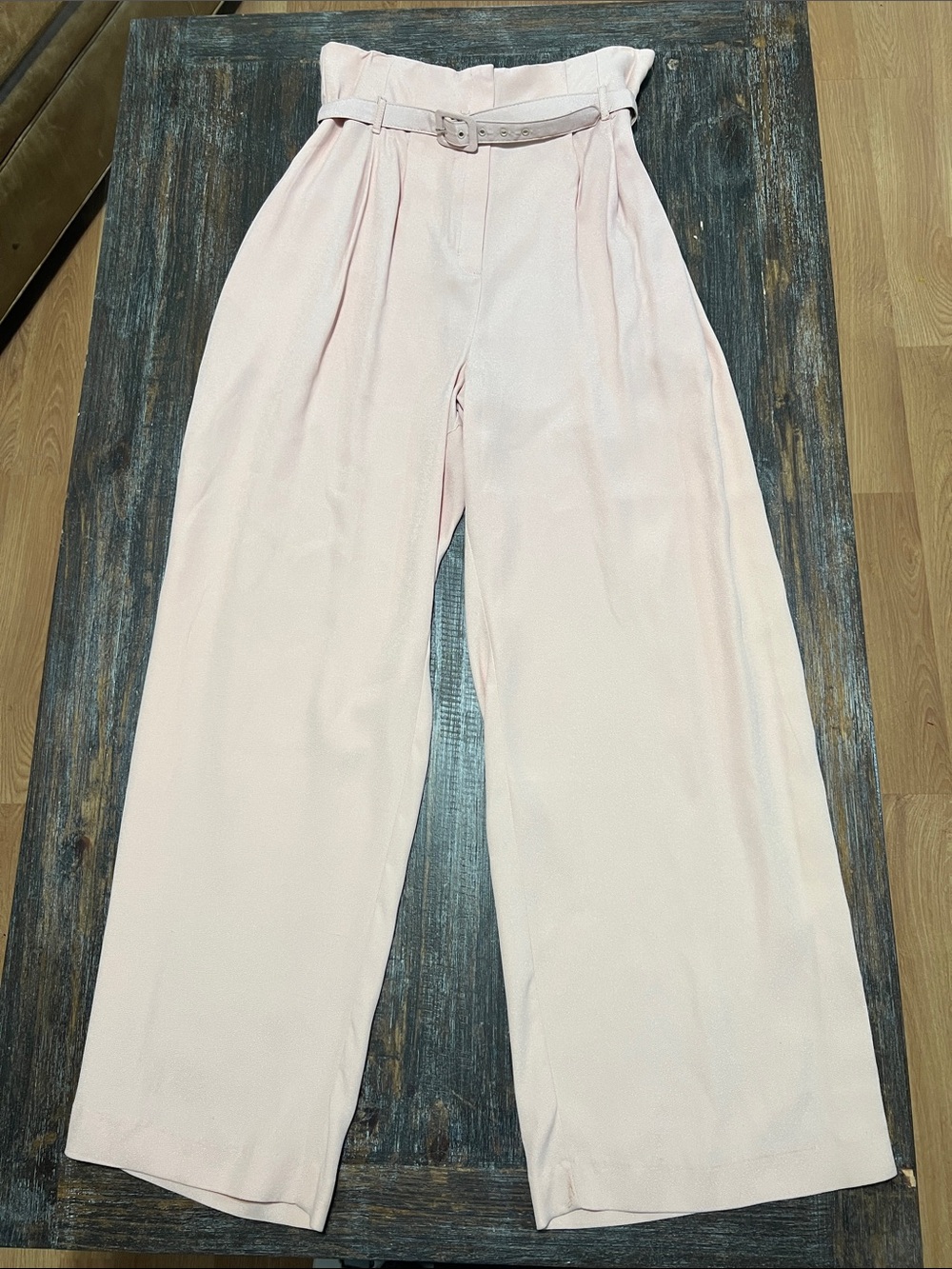 Vintage With Tag High-Waist Paperbag Wide-Leg Pants — Light Pink